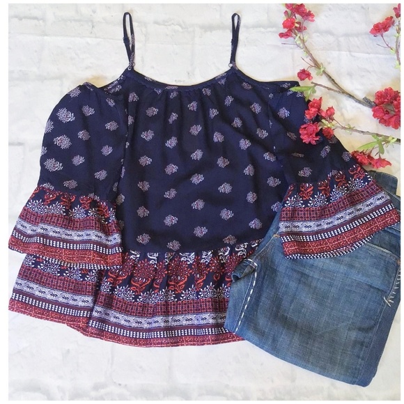 LAST 1 ❗SKIES ARE BLUE Boho Navy Cold Shoulder Top - Picture 2 of 8